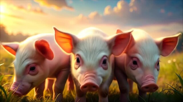 Three adorable young pigs standing together in a sunny outdoor field