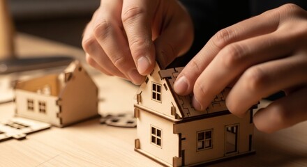 Hands assembling a small wooden house model on a table, symbolizing construction and real estate