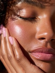 extreme close-up of a black womanâ€™s face with glossy lips, flushed cheeks, natural dewy skin, and pastel pink manicure gently pressing her cheek, soft lighting, editorial skincare style