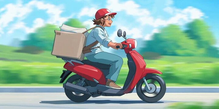 Anime courier is riding an electric scooter and delivering a package