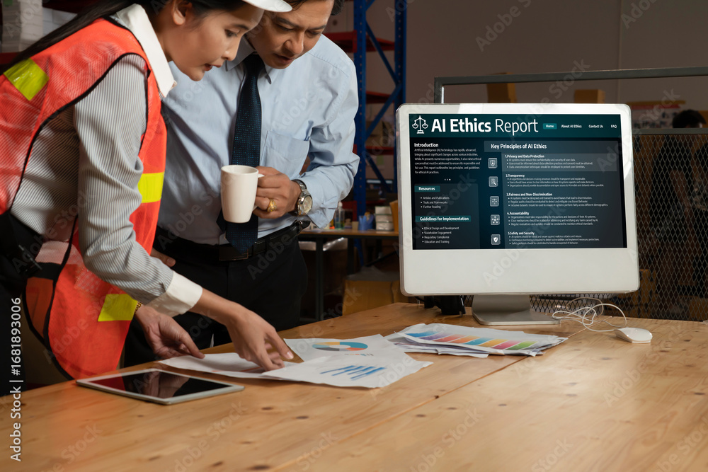 Aufkleber ai ethics responsibility standard law and rules on computer screen provide report of ai ethic transp