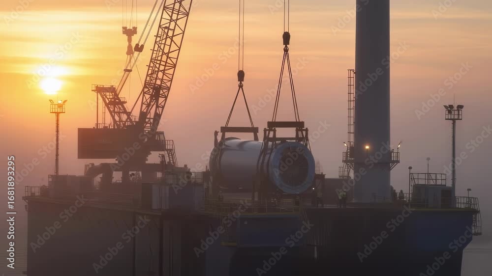 Poster early morning fog enveloping a verticalaxis windturbine nacelle integration dock creating atmospheri
