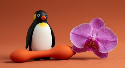 Penguin, Orchid, and Orange Silicone Toy.