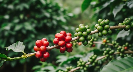Ripening Coffee Cherries on the Branch of a Coffee Plant.