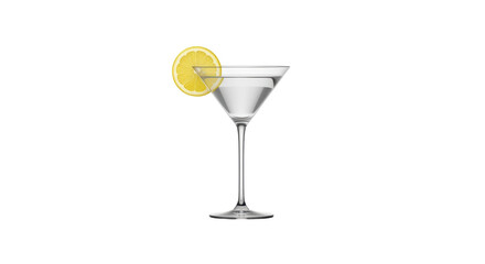 Isolated cocktail drink with clear liquid and lemon garnish on edge of glass against plain backdrop