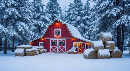 Festive Red Barn Decorated for Winter Holidays Surrounded by Snow Covered Trees and Hay Bales