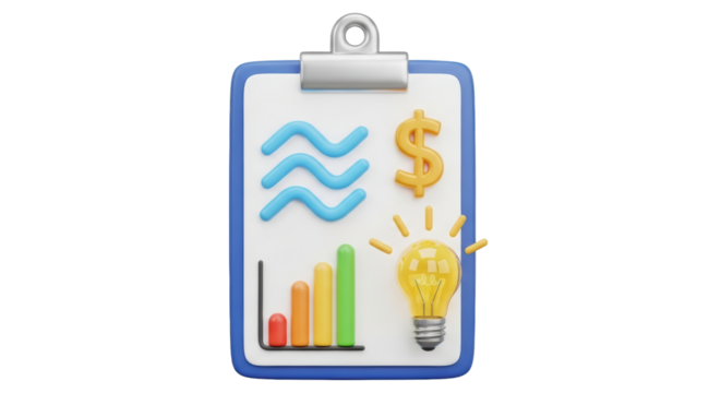 Isolated Financial Data on Clipboard- Chart, Dollar Sign, Waves, Light Bulb Idea Concepts