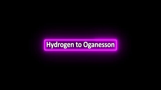 Hydrogen to Oganesson of the Periodic Table on glowing neon frame in text animation on black background.