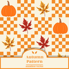 A seamless checkered autumn-themed vector pattern featuring pumpkins, colorful maple leaves, and a plaid background in warm orange and beige tones
