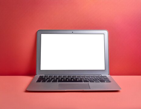 modern silver laptop with blank screen on a coral pink background computer technology