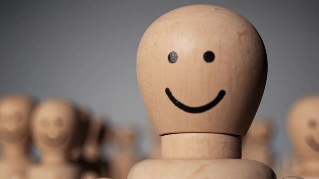 conceptual representing introverted individual, depicting unique man who is happy and enjoys isolation, showing separation or solitude; wooden figure with happy face is shown separated from crowd by 