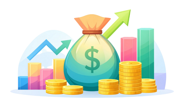 Dynamic business investment and financial growth concept vector illustration. Featuring money bags, stacks of gold coins, a bar chart showing an increase, and an arrow pointing upwards