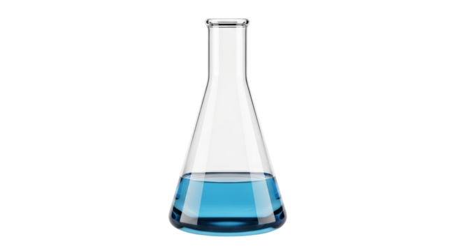 Isolated Erlenmeyer flask with blue liquid chemical compound in laboratory glassware