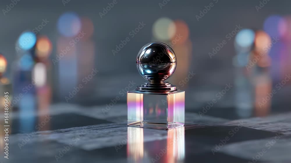 Poster focused medium shot of a single qubit spinning on a transparent pedestal against a softly blurred ba