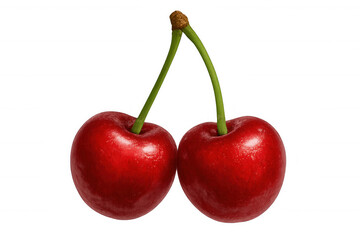 Two ripe red cherries with green stems, isolated on a transparent background, showcasing their juicy texture and freshness