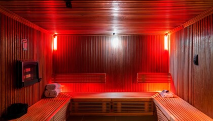modern infrared sauna with red led lighting in wooden room offers health wellness relaxation therapy heat spa cabin interior design for luxury comfort well being provides detox body temperature