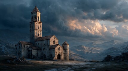 Ancient stone church in mountains high resolution picture