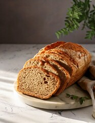 High resolution stock image of freshly baked whole wheat bread loaf, sliced and placed on a marble table with soft morning lighting. Suitable for bakery, recipe, and food packaging projects.