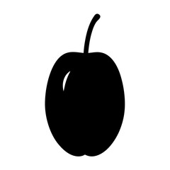 A black silhouette of an apple with a stem on a white background