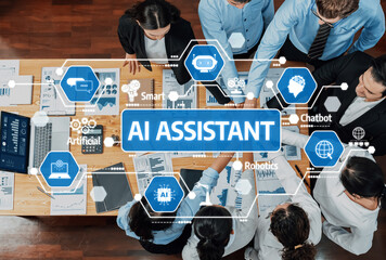 A vibrant overhead view of a diverse team collaborating on AI assistant technology, showcasing innovation and strategic planning in a modern business environment. Amity