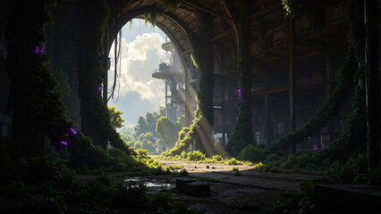 Obraz premium Nature Reclaims Abandoned Factory: Sunlight Pierces Lush Foliage with Mysterious Violet Lights