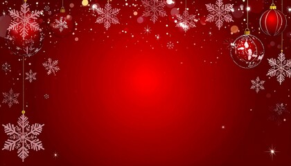 Festive holiday backdrop featuring hanging ornaments, snowflakes, and sparkling elements against a deep red gradient.