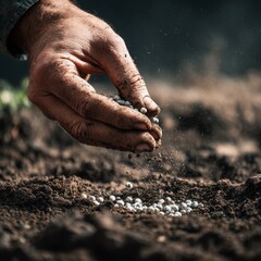 A close-up of a human hand sprinkling chemical fertilizer granules onto dark, moist soil, highly detailed, ultra-realistic, macro photography, natural lighting, visible soil texture.