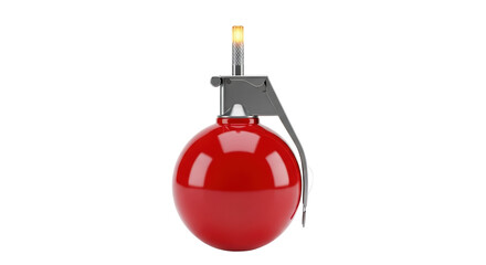 Isolated red grenade with metal pin and lever, conceptual for safety, danger, or military use