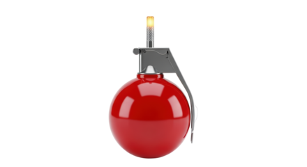 Isolated red grenade with metal pin and lever, conceptual for safety, danger, or military use