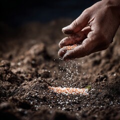 A close-up of a human hand sprinkling chemical fertilizer granules onto dark, moist soil, highly detailed, ultra-realistic, macro photography, natural lighting, visible soil texture.