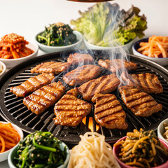 Obraz premium A vibrant and appetizing close-up of a Korean barbecue grill with sizzling meat, surrounded by traditional side dishes