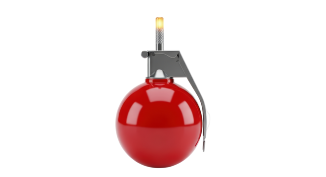 Isolated red grenade with metal pin and lever, conceptual for safety, danger, or military use