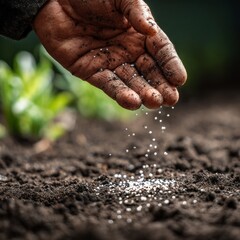 A close-up of a human hand sprinkling chemical fertilizer granules onto dark, moist soil, highly detailed, ultra-realistic, macro photography, natural lighting, visible soil texture.
