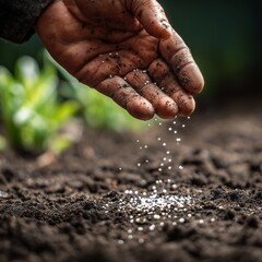 A close-up of a human hand sprinkling chemical fertilizer granules onto dark, moist soil, highly detailed, ultra-realistic, macro photography, natural lighting, visible soil texture.