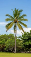 Naklejka premium Tall palm tree in tropical landscape with clear blue sky and lush greenery