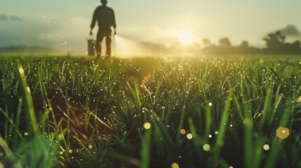 A close-up ultra-realistic scene of a farmer in a wide green field applying chemical fertilizer to crops using a modern sprayer, visible mist of fertilizer particles in the air