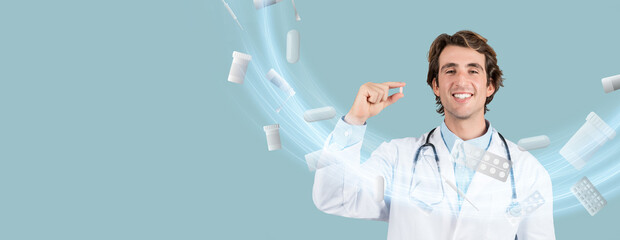 A doctor in a white coat smiles while holding a pill against a light blue background filled with...