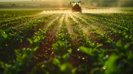 A close-up ultra-realistic scene of a farmer in a wide green field applying chemical fertilizer to crops using a modern sprayer, visible mist of fertilizer particles in the air