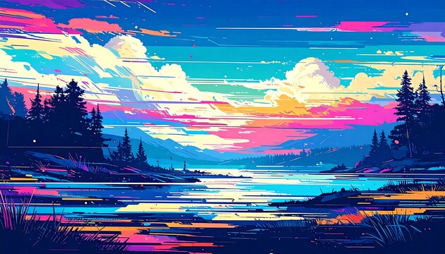 Vibrant landscape painting of a serene lake with a colorful sunrise or sunset over the mountains and forest. - Powered by Adobe
