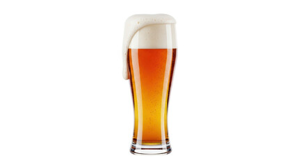 Isolated glass of foamy amber beer, draft beer in a tall glass, golden refreshing beer