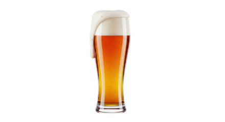 Isolated glass of foamy amber beer, draft beer in a tall glass, golden refreshing beer