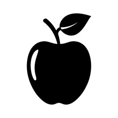 Elegant Black Apple Illustration with Stem and Leaf on White Background