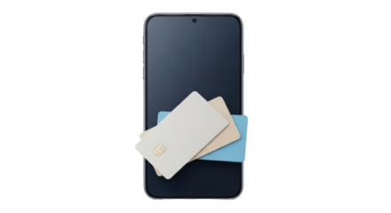 Isolated mobile phone with credit cards, digital payment app, banking technology, fintech