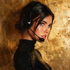 call center, happy beautiful woman, front view, blurred office background, realistic