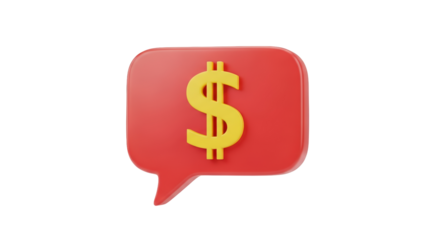 Isolated render of a red speech bubble with a yellow dollar sign inside in 3D render style