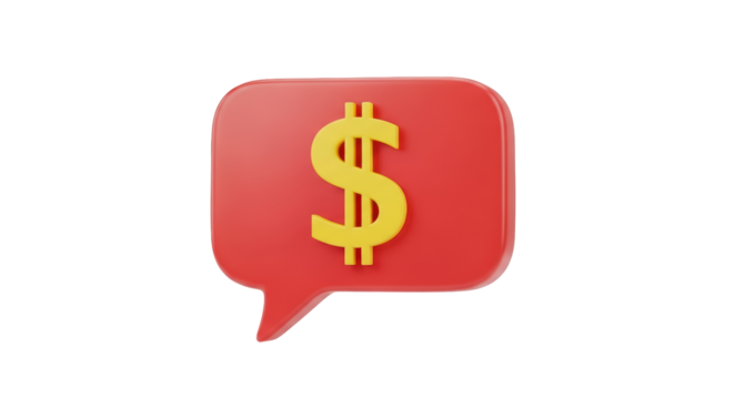 Isolated render of a red speech bubble with a yellow dollar sign inside in 3D render style
