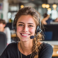 call center, happy beautiful woman, front view, blurred office background, realistic