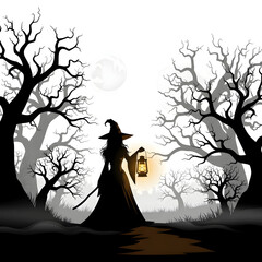 A dark Halloween night with a scary witch silhouette on a branch of a tree under the moonlight