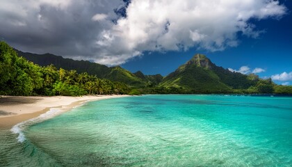 a serene tropical beach with turquoise water and lush green mountains under a cloudy sky