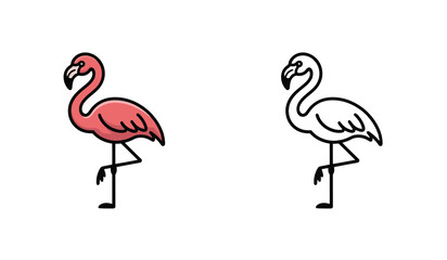Obraz premium Two Cartoon Flamingo Illustrations One in Color and One Outlined on a White Background